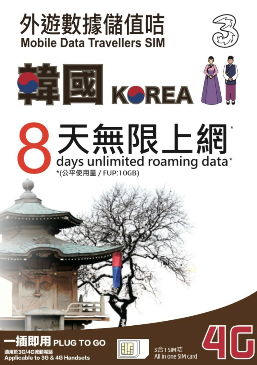 3HK South Korea 8 Days Unlimited Data