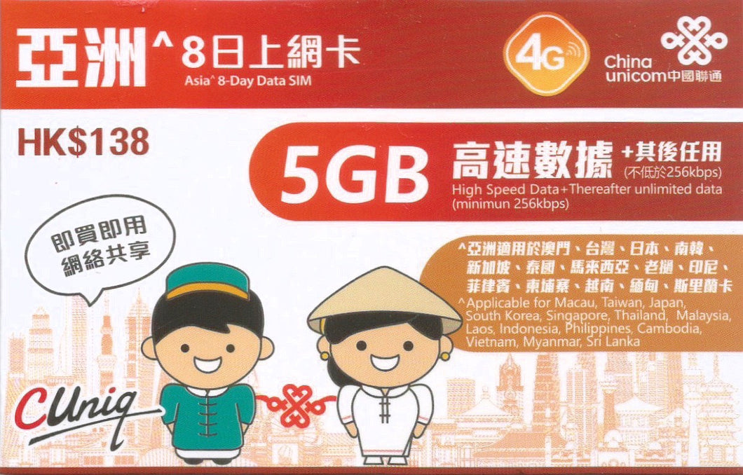 Cuniq Asia 8 Days 5GB Unlimited Data (13 Countries)