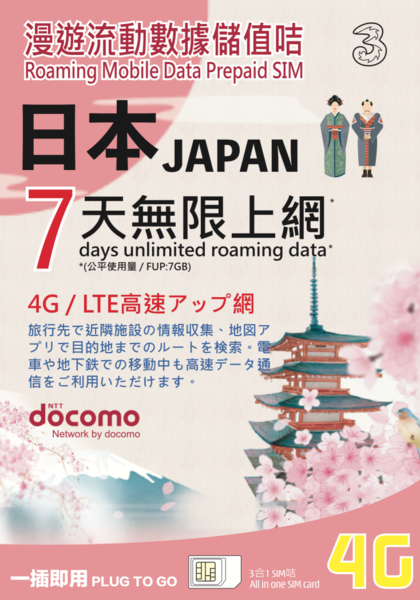3HK Japan Docomo 7 Days Unlimited Data